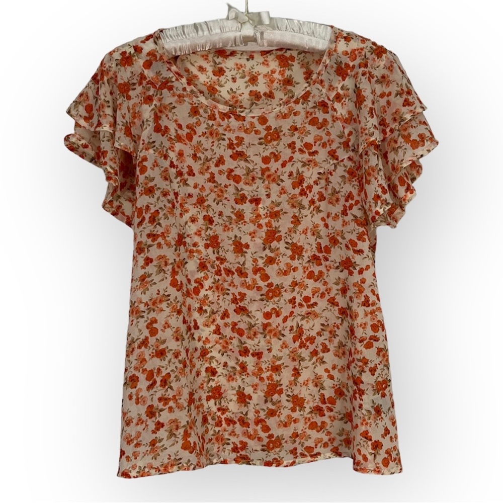 SHEIN Floral Blouse Peach Orange Ruffle Sleeve Rose Flower Modest Flowy Sz S